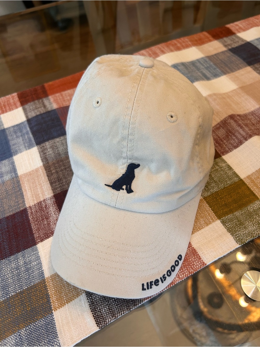 Life Is Good Beige Dog Cap with Navy Embroidered Silhouette